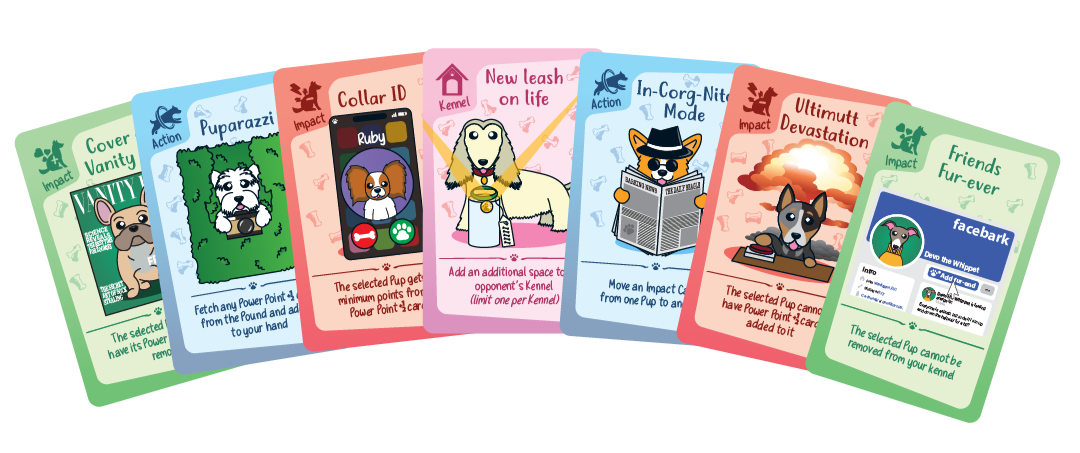 Action cards, positive and negative impact cards, and kennel cards